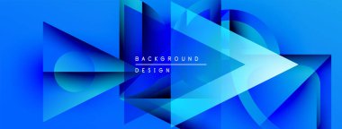 Soyut mavi geometrik şekiller dinamik arkaplan yaratır. Modern tasarım üst üste binen üçgenler, gradyanlar, metin ögeleri.
