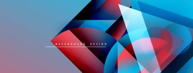 Soyut geometrik şekiller örtüşüyor, canlı mavi ve kırmızı renkler yaratıyor. Modern tasarım katmanlı dokular, pürüzsüz geçişler.