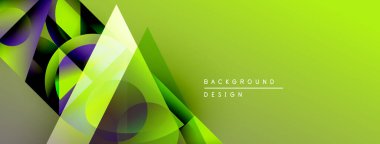 Soyut geometrik şekiller örtüşüyor, canlı yeşil, mor renkler yaratıyor. Arkaplan ve sunumlar için modern tasarım ögesi.