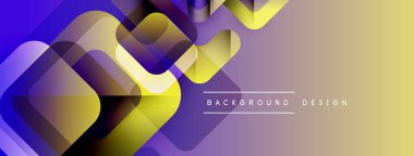 Soyut geometrik şekiller örtüşür, canlı bir gradyan arkaplan oluşturur. Mor, sarı renkler tasarıma egemen, modern estetik.