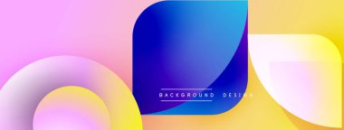 Soyut gradyanlar çakışıyor, dinamik görsel akış yaratıyor. Pembe, sarı, mavi renkler düzgün bir şekilde harmanlanır. Arka planlar için modern tasarım ögesi.