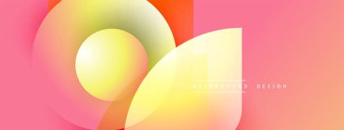 Soyut tasarım özellikleri üst üste binen renkli şekiller. Gradyan renkler pembe, sarı, turuncu karışımı modern görsel efekt yaratır.