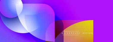 Soyut enerjik tasarım. Üst üste binen şekiller dinamik mor, mavi ve sarı renkler yaratır. Sunumlar ve web siteleri için modern arkaplan.