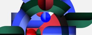 Soyut kompozisyon. Geometrik şekiller örtüşür, dinamik görsel etkileşim yaratır. Kırmızı, mavi, yeşil baskın palet. Minimalist tasarım.