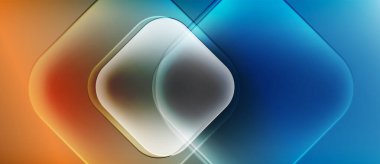 Soyut geometrik şekiller, canlı turuncu, mavi gradyanlar. Düz geçişler, katmanlı tasarım modern görsel efekt yaratır.