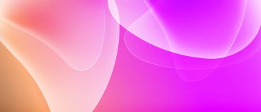 Soyut akışkan şekiller harmanlanır ve yumuşak eğimler yaratır. Renkler şeftaliden canlı mora değişir. Yumuşak eğriler kompozisyona hakim.