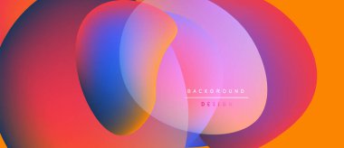 Soyut renkli şekiller örtüşüyor, canlı gradyanlar yaratıyor. Turuncu arka plan mavi ve mor renkleri tamamlar. Metin arkaplan tasarımı okur.