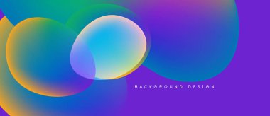 Soyut renkli şekiller örtüşüyor, canlı gradyanlar yaratıyor. Mor arka planda baskın, mavi, yeşil, turuncu renkler mevcut. Modern tasarım ögesi.