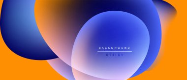 Soyut şekiller örtüşüyor, canlı renk değişimleri yaratıyor. Turuncu, mavi renkler kompozisyona hakim. Modern tasarım ögeleri pürüzsüz geçişler sunar.