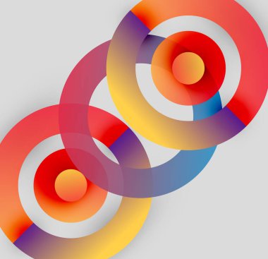 Soyut renkli daireler çakışıyor, dinamik görsel efekt yaratıyor. Gradyan gölgeler harmanlanır, modern tasarım ögesi oluşturulur.