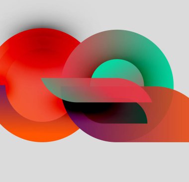 Üst üste binen renkli daireler, gradyanlar, şekiller içeren soyut bir kompozisyon. Modern tasarım, canlı renkler, dinamik etkileşim.