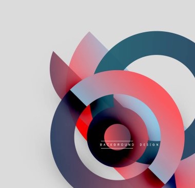 Soyut dairesel tasarım. Üst üste binen katmanlar dinamik görsel efekt yaratır. Kırmızı, mavi, beyaz renkler kompozisyona hakim. Modern grafik ögesi.