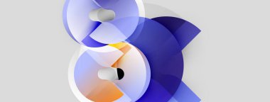 Soyut tasarım katmanlı şekiller, mavi, turuncu renkler içerir. Minimalist kompozisyon akıcılığı çağrıştırıyor, modern estetiği. Yumuşak eğimler derinlik yaratır.