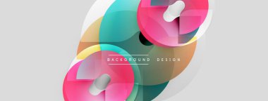 Soyut renkli şekiller örtüşür, dinamik görsel efekt yaratır. Düz gradyanlar, beyaz aksanlar modern tasarım estetiğini geliştirir.