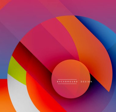 Soyut renkli tasarım. Üst üste binen şekiller dinamik dairesel desen oluşturur. Canlı gradyanlar, modern estetik..