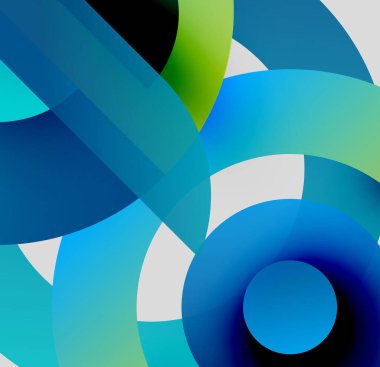 Soyut kompozisyon. Üst üste binen daireler, kıvrımlı şekiller, canlı maviler, yeşiller, beyaz dinamik görsel efekt yaratır. Modern tasarım.