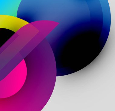 Üst üste binen renkli daireler içeren soyut bir kompozisyon. Gradyan gölgeler derinlik yaratır, modern estetik. Minimalist tasarım, canlı renkler.