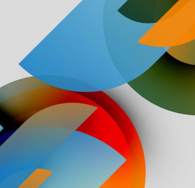 Üst üste binen yarı şeffaf daireler, canlı renkler ve gradyanlar içeren soyut bileşim. Modern tasarım, basit şekiller, dinamik etkileşim.