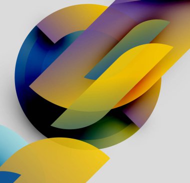 Soyut kompozisyon. Üst üste binen şekiller dinamik görsel efekt yaratır. Renkler karışır, değişkenler oluşur. Modern tasarım elemanları.