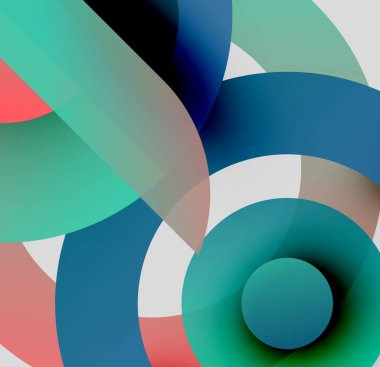 Soyut çemberler çakışıyor, yumuşak eğimler yaratıyor. Renkler arasında deniz mavisi, mercan, gri ve beyaz vardır. Minimalist tasarım, modern estetik.