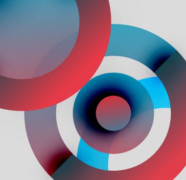 Soyut daireler örtüşüyor, canlı renk eğimleri yaratıyor. Kırmızı, mavi, beyaz baskın kompozisyon. Minimalist tasarım, modern estetik.