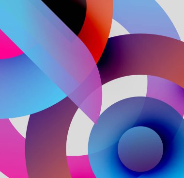 Soyut kompozisyon. Üst üste binen renkli çemberler dinamik görsel efekt yaratır. Gradyan gölgeler, canlı renkler tasarımda baskın..