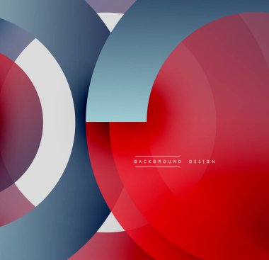 Soyut geometrik tasarım. Üst üste binen daireler, dikdörtgenler dinamik bileşim oluşturur. Kırmızı, mavi, beyaz renkler görsel alana hakim..