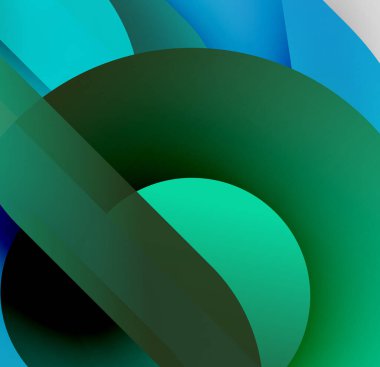 Soyut kompozisyon. Kıvrımlı şekiller derinlik yaratır. Mavi, yeşil renkler görsel alana hakim. Yumuşak gradyanlar modern estetik sunar.