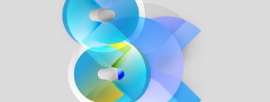 Soyut tasarım üst üste binen yarı saydam daireler, canlı mavi, sarı gradyanlar yaratır. Minimalist kompozisyon, temiz estetik.