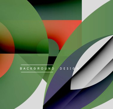 Soyut geometrik şekiller çakışıyor. Yeşil, kırmızı, gri renkler kompozisyona hakim. Modern tasarım elementleri dinamik görsel efekt yaratır.
