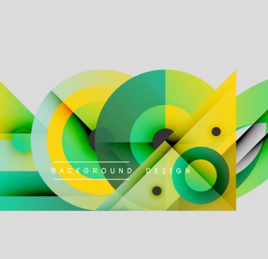 Soyut geometrik şekiller çakışıyor. Sarı, yeşil renkler tasarımda baskın. Modern, dinamik kompozisyon görsel ilgi yaratıyor.