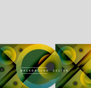 Soyut geometrik tasarım. Üst üste binen daireler, çizgiler dinamik bileşim yaratır. Yeşil, sarı renkler alt kısma hakim. Üst gri alan.