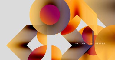 Soyut geometrik şekiller, sıcak renkler baskın gelir. Kompozisyonda üst üste binen daireler, altıgenler, gradyanlar var. Arka planlar için modern tasarım ögesi.