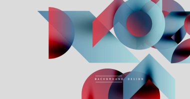 Soyut geometrik şekiller örtüşür, dinamik görsel efekt yaratır. Kırmızı, mavi renkler kompozisyona hakim. Minimalist tasarım.