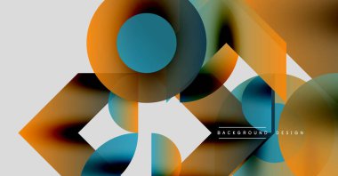 Soyut geometrik şekiller örtüşür, dinamik bileşim yaratır. Turuncu, deniz mavisi, gri renkler tasarımda baskın. Modern estetik.