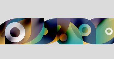 Soyut şekiller örtüşüyor, renkli bir tasarım yaratıyor. Çemberler, kıvrımlar, gradyanlar kompozisyona hakim. Modern estetik.