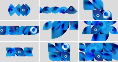 Izgaraya dizilmiş soyut mavi şekiller. Sıvı formlar, hareket, derinlik ve modern tasarım unsurlarını önerir. Minimalist estetik.