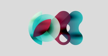 Soyut şekiller üst üste binerek sıvı formları oluşturur. Renkler arasında deniz mavisi, kıpkırmızı ve beyaz arka plan var. Modern tasarım, basit kompozisyon.