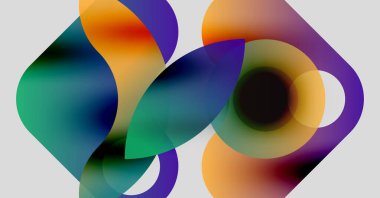 Soyut şekiller örtüşür, canlı renk karışımları yaratır. Akışkan formlar hareket, derinlik ve modern tasarım estetiğini önerir..