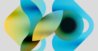 Üstüste binen şeffaf şekilleri içeren soyut bileşim. Renkler, maviler, sarılar, yeşillik katan yumuşak renkler. Minimalist tasarım, modern estetik.