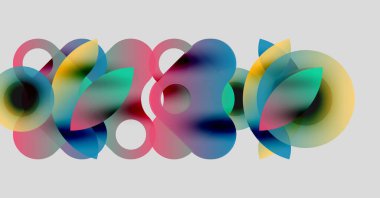 Soyut renkli şekiller çakışıyor ve akışkan dinamik bileşim oluşturuyor. Yumuşak eğimler, yarı şeffaf formlar hareket, enerji.