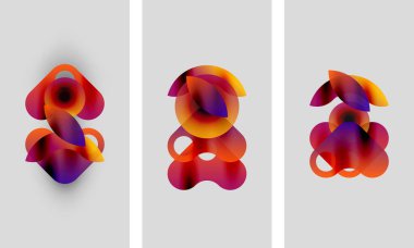 Soyut sanat eserleri. Üç panel üst üste binen canlı şekiller gösteriyor, gradyanlar turuncudan mora kayıyor. Modern tasarım, minimalist estetik.