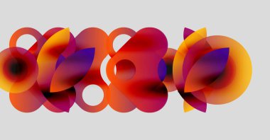 Soyut kompozisyon. Üst üste binen renkli çemberler dinamik görsel efekt yaratır. Mor aksanlı, sıcak tonlarda baskın. Modern tasarım.