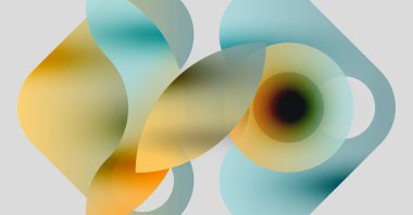 Üstüste binen şeffaf şekilleri içeren soyut bileşim. Sıcak, serin renkler karışıyor, yumuşak gradyanlar yaratıyor. Minimalist tasarım, modern estetik.