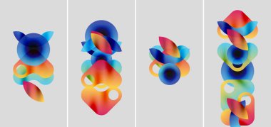 Soyut renkli şekiller örtüşür, dinamik kompozisyonlar oluşturur. Gradyan renkler karışır, sıvı görsel desenler oluşturur. Minimalist tasarım.