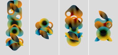 Soyut şekiller, canlı renkler, katmanlı şekiller. Gradyan renkler akışkan görsel ritim yaratır. Modern tasarım, sanatsal ifade.