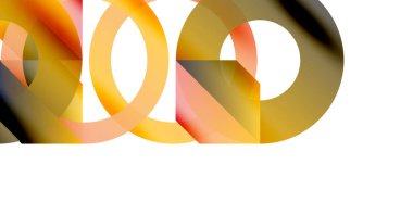 Üst üste binen daireler, sıcak renkler, altın renkler, beyaz alan içeren soyut kompozisyon. Modern tasarım elementleri dinamik görsel efekt yaratır.