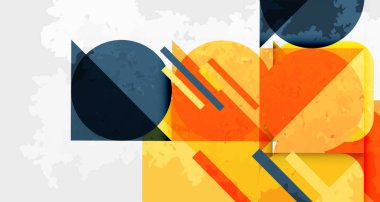 Soyut geometrik bileşim. Üst üste binen şekiller, turuncu, mavi tonlar, dokulu arka plan modern görsel etki yaratır.