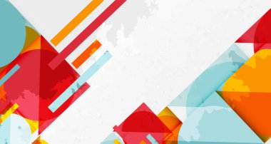 Soyut geometrik şekiller örtüşür, dinamik bileşim yaratır. Parlak renkler, desenli beyaz arkaplanla tezat oluşturur. Modern tasarım elemanları.