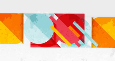 Soyut geometrik bileşim. Üst üste binen şekiller, canlı renkler, dokulu arka plan dinamik görsel etki yaratır. Modern tasarım elemanları.